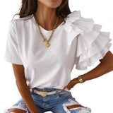 deanwangkt Fashion blouse women elegant white Solid Color Layered Ruffle Short Sleeve Asymmetric Loose T-shirt Top for Summer Women Blouses