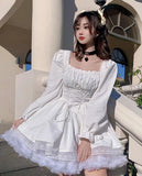 deanwangkt White Lolita Dress Kawaii Vinatge Long Sleeve Mini Dresses Black Gothic Bandage Lace Patchwork Streetwear Square Collar