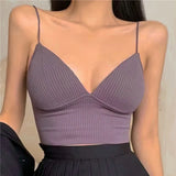 deanwangkt Women Stripe Tube Top Sexy Knitted V-Neck Camisole Bralette Sleeveless Spaghetti Vest Summer Basic Short Tank Tops With Bra Pad