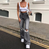 High Waist  New Retro Washed Blue Loose Ladies Denim Trousers Ripped Wide Leg Pants Women's Street Pants Straight Leg Jeans