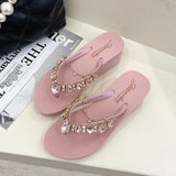 deanwangkt New Ins Rhinestone Chain Thick-soled Flip-flops Women Wear Beach Holiday Sandals and Slippers with Wedges Outside Summer.