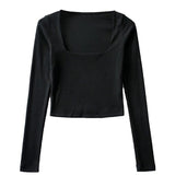 deanwangkt Women Cotton Ribbed Square Neck Crop Top With Long Sleeve