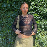 Wenkouban Sexy Women Top Knit See-Through Backless Fishnet Y2K Summer Black Vintage Smock Outfits Beach Style Chic Fashion Hollow Out Tees