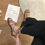 deanwangkt Summer Shoes Women Sandals Narrow Band Vintage Square Toe Flat Cross Strap Thong Sandals V Shape Design Shoes Women