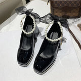 deanwangkt New Pearls Strap Square Heels Pumps Women Shoes Fashion Pu Leather Platform Mary Janes Woman High Heels Party Wedding Shoes