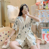 deanwangkt Summer Short pink Pajamas For Women Cute Girl Sleepwear Kimono Pajama Sets Pyjamas Casual Sleepwear Homewear Lounge Fashion