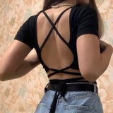 deanwangkt Women Sexy Harajuku Open Back Crop Tops Summer Ladies Bandage Lace-up Backless White Tank Tops High Street Slim Halter Tops