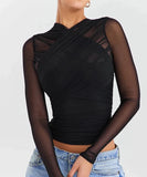 deanwangkt Spring Summer Women Sexy Daily Wear Cold Shoulder Sheer Mesh Lace Blouse Long SLeeve Black Shirt Casual