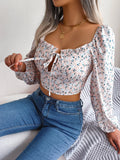 Nukty Women Casual Floral Print Lace Up Long Sleeve Crop Top Chiffon Blouse Summer Autumn