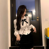 deanwangkt White Shirts Woman Kawaii Lace Lolita Blouses Sweet Tunics Fairycore Peter Pan Coller Crop Long Sleeve Tops Preppy Korean