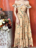 Joskka Floral Print French Vintage Dress Women Off Shoulder Elegant Sweet Long Dress Female Lace Retro Evening Party Dress Summer