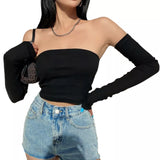 deanwangkt Female Crop Tops T-shirts, Solid Color Boat Neck Off Shoulder Sexy Tops Pullover with Long Sleeves for Summer Club Wear