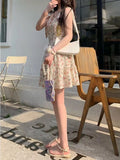 Casual Beach Straps Dress Women Slim  Summer Sweet Elegant Y2k Mini Dress Fairy Sleeveless Floral One Piece Dress Korean