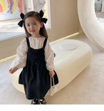 deanwangkt Girls spring fashion white blouse and black overalls dress Kids all-match Outfits 2pcs sets