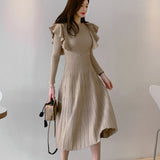 deanwangkt Vintage Elegant O-Neck Female Thicken Knit Long Dress Slim Full Sleeve Ruffles Women Sweater Dresses Vestidos Autumn Winter