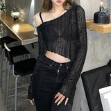 deanwangkt Y2k Women Casual Long Sleeve T-shirt Crop TopFashion Solid Color Oblique Shoulder Irregular Exposed Navel Tops Tee Streetwear