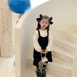 deanwangkt Girls spring fashion white blouse and black overalls dress Kids all-match Outfits 2pcs sets