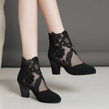 deanwangkt New Fashion Women High Heels Lace Flower Ankle Strap Hollow Out Sandals Round Toe Zip Pumps Zapatos De Mujer