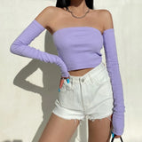 deanwangkt Female Crop Tops T-shirts, Solid Color Boat Neck Off Shoulder Sexy Tops Pullover with Long Sleeves for Summer Club Wear