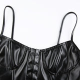 Women's Corset Sexy Black PU Leather Bustier Crop Top Fashion Lady Sleeveless Strap Camis Clubwear Summer Low-cut Slim Camis