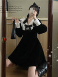 Kawaii Bow Dress Women Japanese Preppy Style Long Sleeve Mini Dresses Black Goth Vintage Lolita Outfits Sweet Streetwear