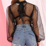 deanwangkt Women Mesh Puff Sleeve Tops Shirt New Summer Spring Ladies Sexy Casual Perspective Blouse Tops See Through Female Blusas