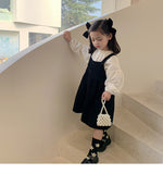 deanwangkt Girls spring fashion white blouse and black overalls dress Kids all-match Outfits 2pcs sets