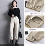 Winter fleece thick jeans women high-waist stretch slim straight Casual cargo Haren pants autumn women's fleece warm denim pants