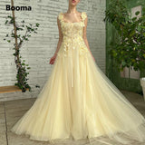 Light Yellow Tulle Maxi Prom Dresses Spaghetti Straps Flowers Appliques A-Line Wedding Party Dresses Formal Evening Gowns