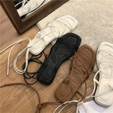 deanwangkt Summer Shoes Women Sandals Narrow Band Vintage Square Toe Flat Cross Strap Thong Sandals V Shape Design Shoes Women