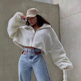 deanwangkt  Autumn Winter Women Teddy Lambswool Zipper Long Sleeve Sweatshirt Jacket Crop Top Warm Coat Streetwear Casual Loose