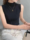 deanwangkt Women Summer Casual Knitted Tank Tops Solid Sleeveless Half High Collar Slim Base Shirt Sexy Top Knitwear Y2k High Street