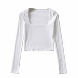 deanwangkt Women Cotton Ribbed Square Neck Crop Top With Long Sleeve