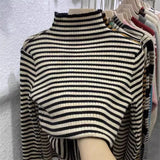 deanwangkt New Black Striped Sweater Women Knitted Pullover Autumn Long Sleeve Turtleneck Knitwear Korean Bottoming Shirt Stretch Jumpers