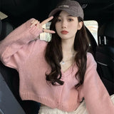 deanwangkt Y2k Women Cardigan Sweater Knitted Cropped Korean Short Long sleeve Crop Top V neck Fashion Clothe