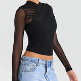 deanwangkt Spring Summer Women Sexy Daily Wear Cold Shoulder Sheer Mesh Lace Blouse Long SLeeve Black Shirt Casual