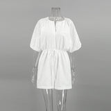 deanwangkt European and American fashion casual white Jacquard jumpsuit shorts women summer waist cotton bubble sleeve jumpsuit