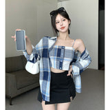 deanwangkt Spring Simplicity Plaid Turn-down Collar Long Sleeve Blouse Women Clothes Casual Buttons Slim Sling T-Shirt Two-piece Dress Tops