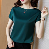 Graduation Gifts  Office Lady Tops Summer Short Sleeve Blouses Satin Blouse Women Shirts Fashion Simple Solid Plus Size Loose Shirt Blusas