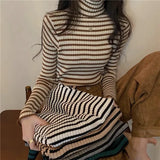 deanwangkt New Black Striped Sweater Women Knitted Pullover Autumn Long Sleeve Turtleneck Knitwear Korean Bottoming Shirt Stretch Jumpers