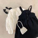 deanwangkt Girls spring fashion white blouse and black overalls dress Kids all-match Outfits 2pcs sets