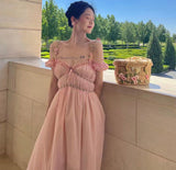 Summer Pink Casual Beach Fairy Dress  Boho France Elegant Strap Dress Women Chiffon Korean Style Sweet Party Midi Dress New