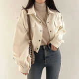 deanwangkt Rimocy Chic Pockets Long Sleeve Cropped Blouse for Women Corduroy Drawstring Short Jacket Woman Korean Wild Solid Color Coats