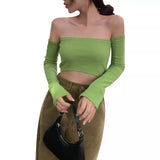 deanwangkt Female Crop Tops T-shirts, Solid Color Boat Neck Off Shoulder Sexy Tops Pullover with Long Sleeves for Summer Club Wear