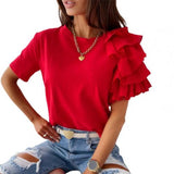 deanwangkt Fashion blouse women elegant white Solid Color Layered Ruffle Short Sleeve Asymmetric Loose T-shirt Top for Summer Women Blouses