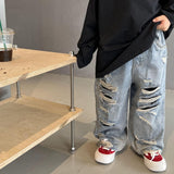 deanwangkt Spring Kids Trousers Boys Fashion Ripped Jeans Baby Girls Loose Casual Denim Pant