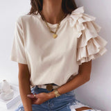 deanwangkt Fashion blouse women elegant white Solid Color Layered Ruffle Short Sleeve Asymmetric Loose T-shirt Top for Summer Women Blouses