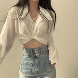 deanwangkt Vintage Streetwear Harajuku Sexy Women Blouse Crop Top Korean Style Trends Black White Long Sleeve Shirt Female Tunic Chic