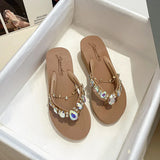 deanwangkt New Ins Rhinestone Chain Thick-soled Flip-flops Women Wear Beach Holiday Sandals and Slippers with Wedges Outside Summer.