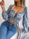 Nukty Women Casual Floral Print Lace Up Long Sleeve Crop Top Chiffon Blouse Summer Autumn